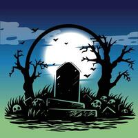 spaventoso cimitero scena con pieno Luna e pipistrelli vettore