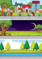 set di diverse scene di sfondo orizzonte con personaggio dei cartoni animati di doodle kids vettore
