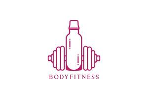 Palestra esercizio manubrio con acqua bottiglia logo icona. Palestra fitness icona design concetto. bottiglia acqua Palestra con peso icona design. vettore