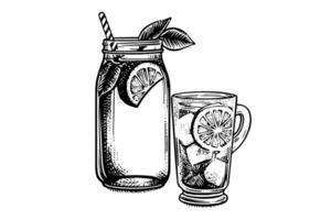 brocca di acqua con Limone mano disegnato incisione stile vettore illustrazione