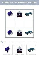 formazione scolastica gioco per bambini completare il corretta immagine di un' carino cartone animato pianoforte organo e tastiera stampabile musica strumento foglio di lavoro vettore