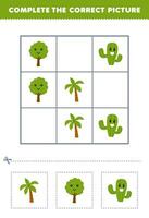 formazione scolastica gioco per bambini completare il corretta immagine di un' carino cartone animato palma albero e cactus stampabile natura foglio di lavoro vettore