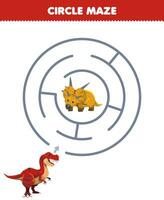 formazione scolastica gioco per bambini cerchio labirinto disegnare linea Aiuto tirannosauro mossa per il xenoceratops stampabile preistorico dinosauro foglio di lavoro vettore