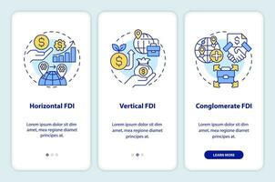 magro linea icone che rappresentano straniero diretto investimento mobile App schermo impostare. 3 passaggi modificabile grafico Istruzioni, ui, ux, gui modello. vettore