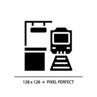 piattaforma pixel Perfetto nero glifo icona. treno stazione. ferrovia traccia. passeggeri trasporto. alto velocità rotaia. silhouette simbolo su bianca spazio. solido pittogramma. vettore isolato illustrazione