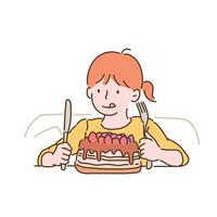 una bambina sta guardando una torta con una forchetta e un coltello in mano. illustrazioni di disegno vettoriale stile disegnato a mano.