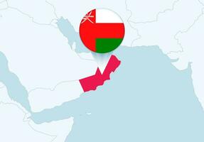 Asia con selezionato Oman carta geografica e Oman bandiera icona. vettore