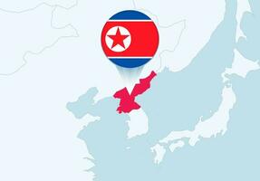 Asia con selezionato nord Corea carta geografica e nord Corea bandiera icona. vettore