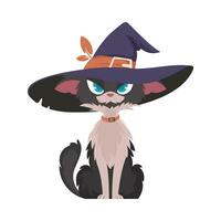 un' nero gatto indossare un' grande cappello per Halloween. cartone animato stile, vettore illustrazione