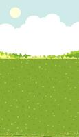 cielo blu con nube sfondo, primavera paesaggio con verde erba campo verticale natura estate rurale con copia spazio, carino cartone animato vettore illustrazione fondale bandiera per Pasqua