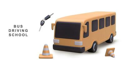 3d realistico bandiera guida scuola con autobus. vettore illustrazione.
