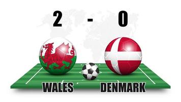 Galles vs Danimarca. pallone da calcio con motivo a bandiera nazionale sul campo di calcio in prospettiva. sfondo mappa del mondo punteggiato. risultato della partita di calcio e tabellone segnapunti. torneo di coppa sportiva. disegno vettoriale 3D.