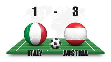 italia contro austria. pallone da calcio con motivo a bandiera nazionale sul campo di calcio in prospettiva. sfondo mappa del mondo punteggiato. risultato della partita di calcio e tabellone segnapunti. torneo di coppa sportiva. disegno vettoriale 3D.