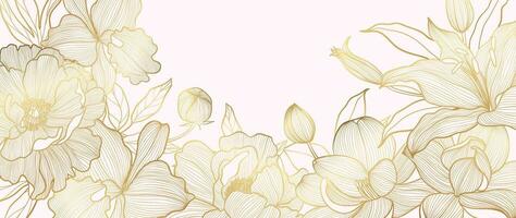 lusso d'oro giglio e papavero fiore linea arte sfondo vettore. naturale botanico elegante fiore con oro linea arte. design illustrazione per decorazione, parete arredamento, sfondo, coperchio, striscione, carta. vettore