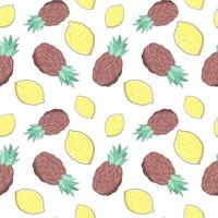 senza cuciture con ananas e limoni su sfondo bianco. vettore trama infinita in stile cartone animato con tratti sottili. frutti esotici
