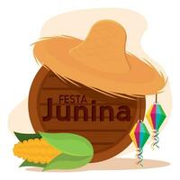 festa junina modello con di legno barile cappello e un' Mais vettore