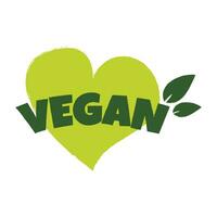 vegano etichetta, etichetta, distintivo e logo. ecologia icona. logo modello con cuore e le foglie per vegano ristorante o vegano Prodotto. vettore illustrazione isolato su bianca sfondo