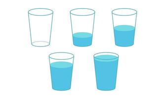tre bicchieri vuoto bicchiere, metà livello e pieno livello. rinfreschi, pulito acqua bere. ottimista e pessimista filosofia. vettore