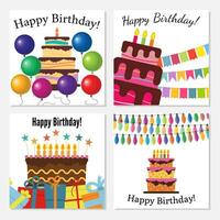 impostato di quattro saluto carte con dolce torta per compleanno celebrazione. vettore illustrazione