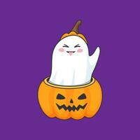 Halloween fantasma, cartone animato kawaii fischio nel zucca vettore