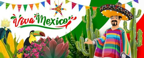 Viva Messico bandiera con messicano cowboy personaggio vettore
