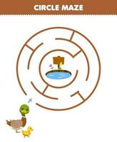 formazione scolastica gioco per bambini cerchio labirinto disegnare linea Aiuto anatra mossa per il stagno stampabile azienda agricola foglio di lavoro vettore