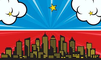 pop arte comico sfondo con città silhouette e nube illustrazione. piatto comico stile sfondo vettore