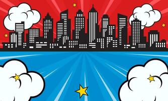 pop arte comico sfondo con città silhouette e nube illustrazione. piatto comico stile sfondo vettore