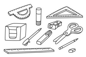 ufficio forniture o scuola stazionario impostare. mano disegnato scarabocchio vettore illustrazione, nero schema. indietro per scuola tema elementi.