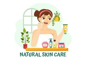 naturale pelle cura vettore illustrazione di donne l'applicazione cosmetici viso cura della pelle prodotti con biologico ingredienti nel piatto cartone animato sfondo modello