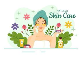 naturale pelle cura vettore illustrazione di donne l'applicazione cosmetici viso cura della pelle prodotti con biologico ingredienti nel piatto cartone animato sfondo modello