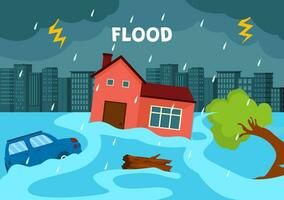 inondazioni vettore illustrazione di il tempesta devastato caos e allagato il città con case e macchine naufragio nel piatto cartone animato sfondo modelli