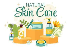naturale pelle cura vettore illustrazione di donne l'applicazione cosmetici viso cura della pelle prodotti con biologico ingredienti nel piatto cartone animato sfondo modello