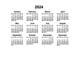 2024 Lunedi inizio orizzontale nero e bianca calendario modello, semplice disposizione di tasca o parete calandre. annuale Stazionario organizzatore nel minimo design vettore