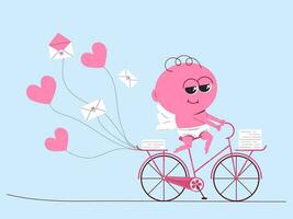 carino Cupido su un' bicicletta consegna san valentino. allegro angelo personaggio nel piatto stile. vettore retrò illustrazione.