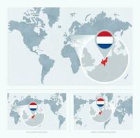 ingrandita Olanda al di sopra di carta geografica di il mondo, 3 versioni di il mondo carta geografica con bandiera e carta geografica di Olanda. vettore