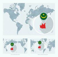 ingrandita mauritania al di sopra di carta geografica di il mondo, 3 versioni di il mondo carta geografica con bandiera e carta geografica di mauritania. vettore