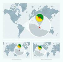 ingrandita francese Guiana al di sopra di carta geografica di il mondo, 3 versioni di il mondo carta geografica con bandiera e carta geografica di francese Guiana. vettore