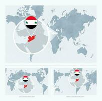 ingrandita Siria al di sopra di carta geografica di il mondo, 3 versioni di il mondo carta geografica con bandiera e carta geografica di Siria. vettore
