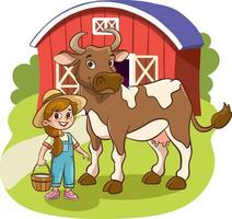 illustrazione di un' carino poco ragazza e un' mucca su un' azienda agricola vettore