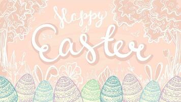 Pasqua uova composizione mano disegnato illustrazione. orizzontale carta con uova, conigli, alberi e uccelli. vettore illustrazione