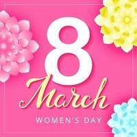internazionale Da donna giorno. saluto carta con lettering e fiori su il rosa sfondo. 8 marzo. vettore