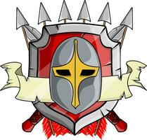 araldico cappotto di braccia di medievale cavaliere. metallo Armi e armatura. cartone animato illustrazione. rosso scudo con casco, freccia, nastro e attraversato spada vettore