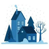 mano disegnato inverno paesaggio con carino piccolo case, alberi e cespuglio. colorato accogliente edifici nel neve con Fumo a partire dal camino vettore