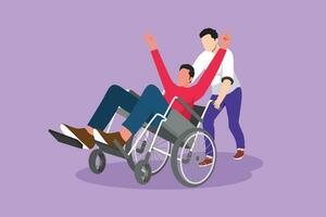 personaggio piatto disegno giovane maschio volontario aiuta Disabilitato vecchio uomo, equitazione su sedia a rotelle nel parco. famiglia cura, volontariato, invalidità cura responsabilità concetto. cartone animato design vettore illustrazione