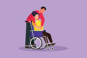 cartone animato piatto stile disegno maschio toccante pancia di Disabilitato incinta donna seduta su sedia a rotelle. contento famiglia relazioni, gravidanza, amorevole persone in attesa carino bambino. grafico design vettore illustrazione