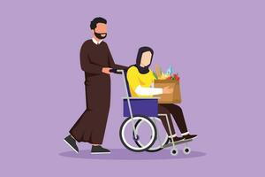 cartone animato piatto stile disegno arabo uomo supporto, cura Disabilitato vecchio donna su sedia a rotelle. volontario porzione e assunzione cura di anziano donna per shopping a mercato. grafico design vettore illustrazione