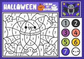 vettore Halloween colore di numero attività con carino kawaii pipistrello. autunno pauroso vacanza scena. nero e bianca conteggio gioco con divertente animale. trucco o trattare colorazione pagina per bambini