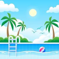 vista sulla piscina tropicale con sfondo di palme vettore