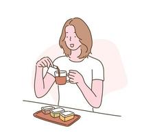 una donna sta preparando il caffè e sta cercando di mangiarlo con il dessert. illustrazioni di disegno vettoriale stile disegnato a mano.